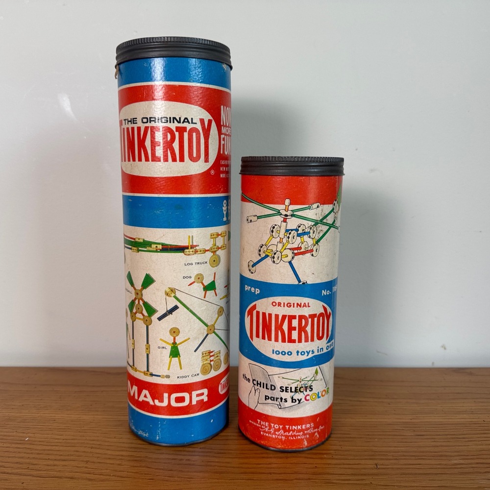 Vintage Tinkertoy Major No‎ 136 and Prep No 1169 Set of 2 Storage Canisters